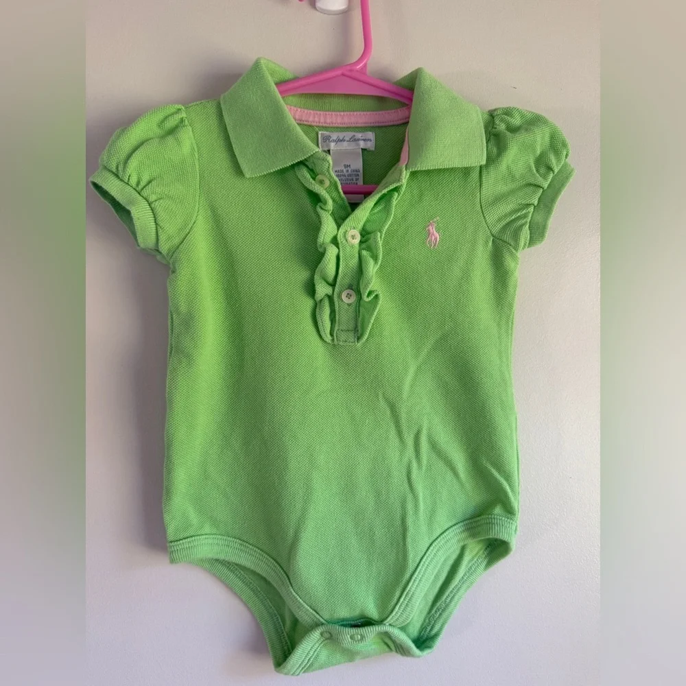 Ralph Lauren Girls Spring Green Ruffle Polo Bodysuit Pink Pony 🩷💚 9M MSRP $49